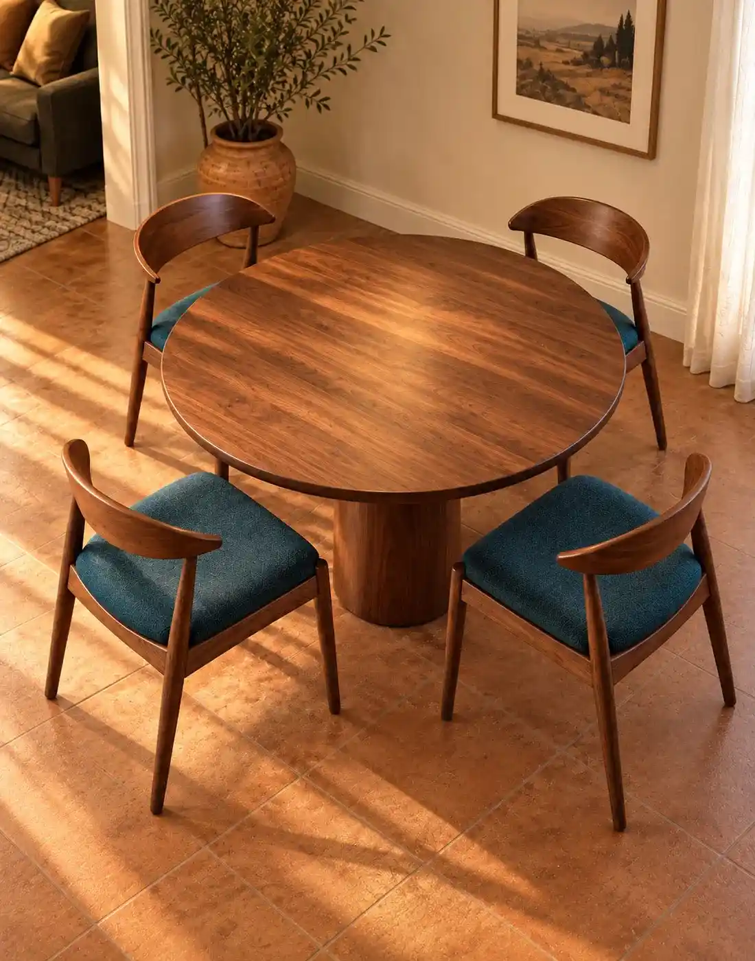 Round walnut dining set Round walnut dining set